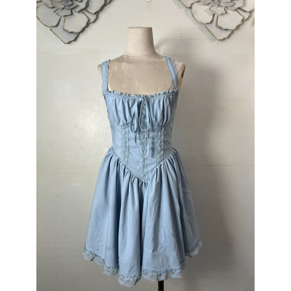 Baby blue corset lace zippered stretchy baby doll dress fairy whimsy size small